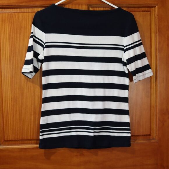 Tommy Hilfiger Striped Boat Neck Blouse Medium - Navy White Short Sleeve Top - Picture 6 of 8